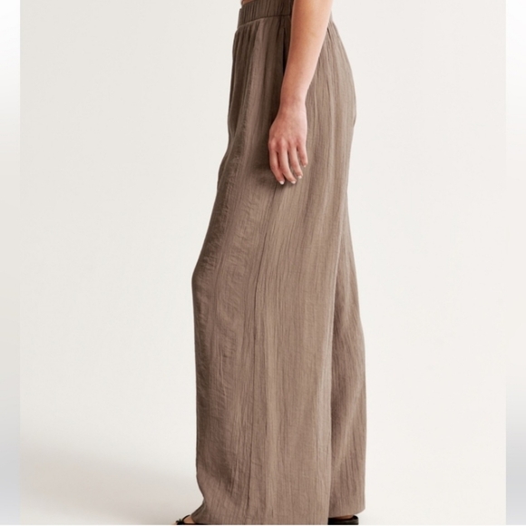 Abercrombie & Fitch Crinkle Texture Wide Leg High Rise Waist Pants Tan Brown LG - Picture 4 of 12